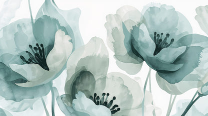Airy ethereal Seafoam floral blossoms featuring translucent petals - Wall Mural & Peel and Stick Wallpaper for Watercolor Interiors and Premium Home Styling