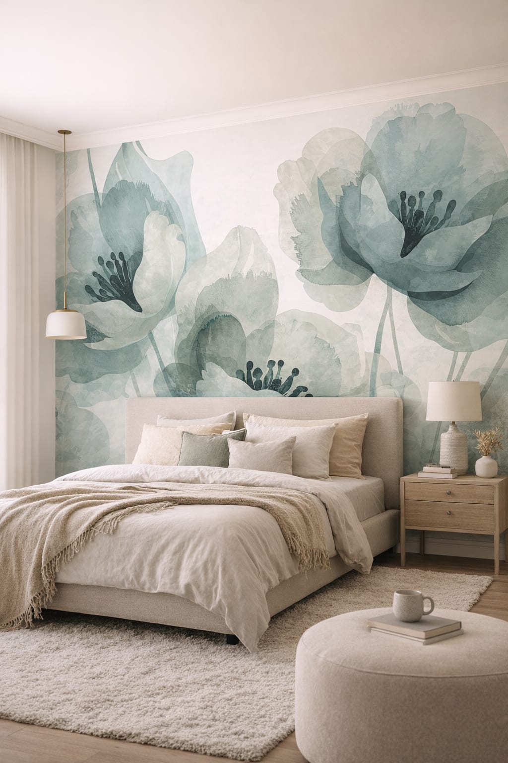 Organic Modern olive floral blossoms - Wall Mural Peel and Stick Wallpaper for Organic Modern Master Bedroom.