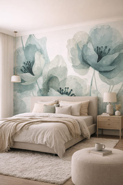 Organic Modern olive floral blossoms - Wall Mural Peel and Stick Wallpaper for Organic Modern Master Bedroom.