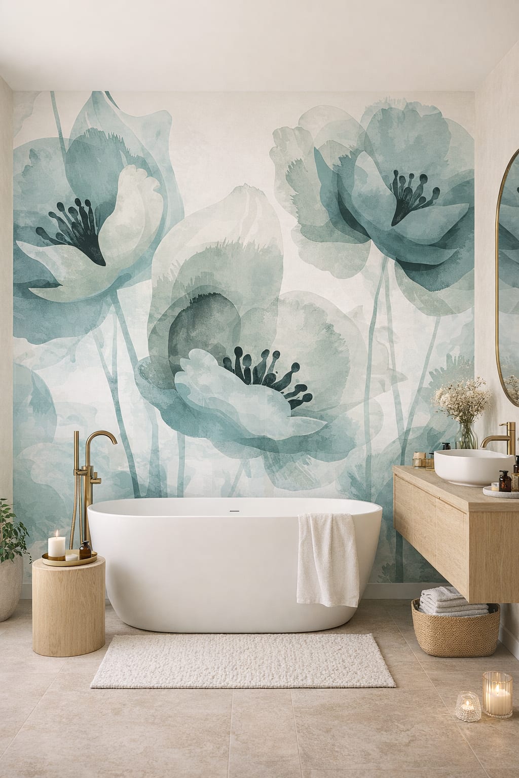 Zen soft-neutral floral blossoms - Wall Mural Peel and Stick Wallpaper for Zen Luxury Bathroom.
