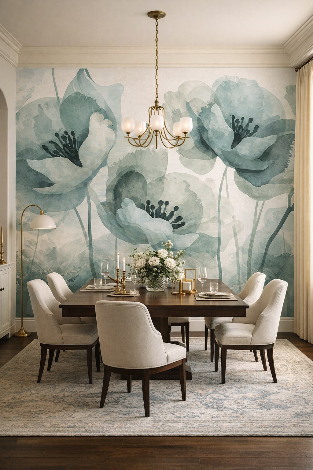 Art Nouveau cream-green floral blossoms - Wall Mural Peel and Stick Wallpaper for Art Nouveau Formal Dining Room.