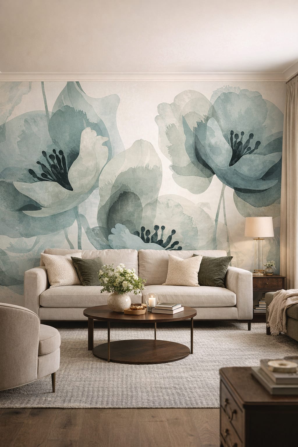 Modern Classic warm-gray floral blossoms - Wall Mural Peel and Stick Wallpaper for Modern Classic Living Room.