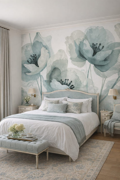 Swedish bluish-gray floral blossoms - Wall Mural Peel and Stick Wallpaper for Gustavian (Swedish) Guest Bedroom.