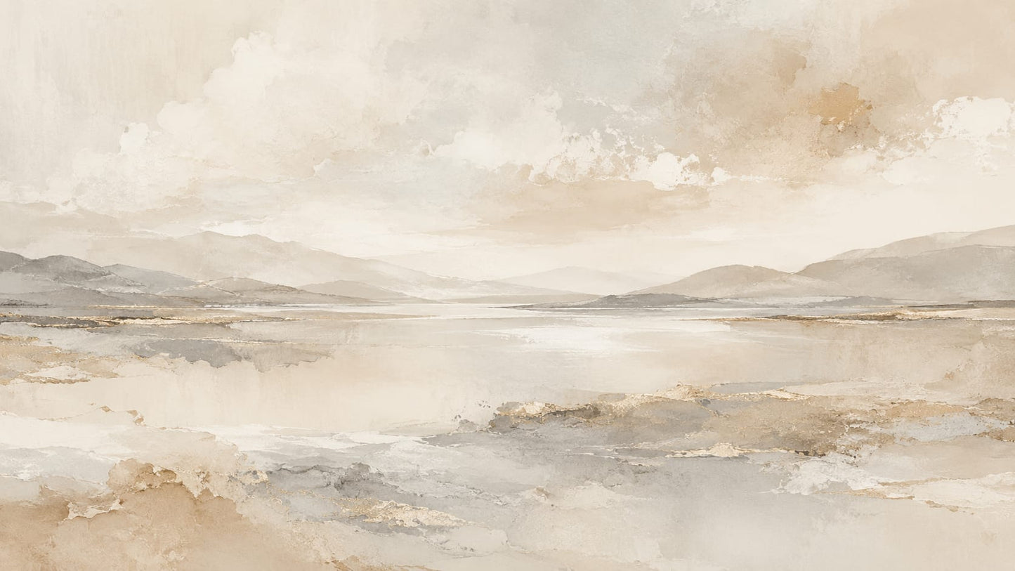 Soft atmospheric Beige mountain landscape featuring water reflection and cloudy sky - Wall Mural & Peel and Stick Wallpaper for Watercolor Interiors and Premium Home Styling