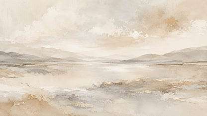Soft atmospheric Beige mountain landscape featuring water reflection and cloudy sky - Wall Mural & Peel and Stick Wallpaper for Watercolor Interiors and Premium Home Styling