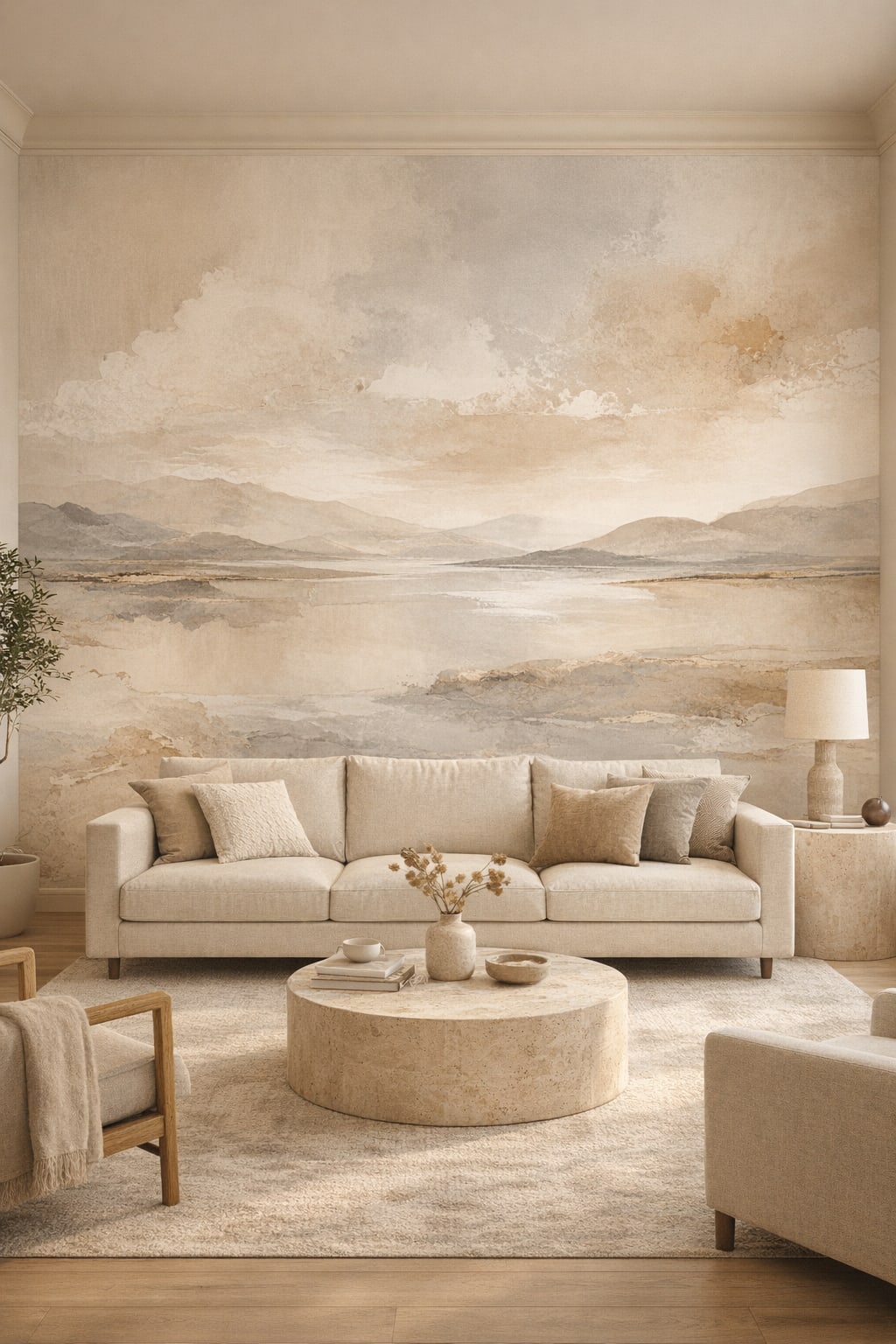 Organic Modern cream-toned mountain landscape featuring water reflection - Wall Mural Peel and Stick Wallpaper for Organic Modern Living Room.