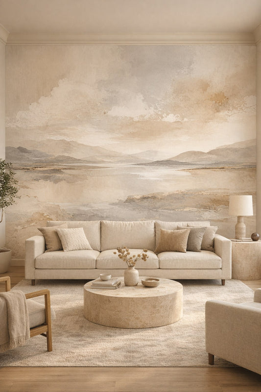 Organic Modern cream-toned mountain landscape featuring water reflection - Wall Mural Peel and Stick Wallpaper for Organic Modern Living Room.