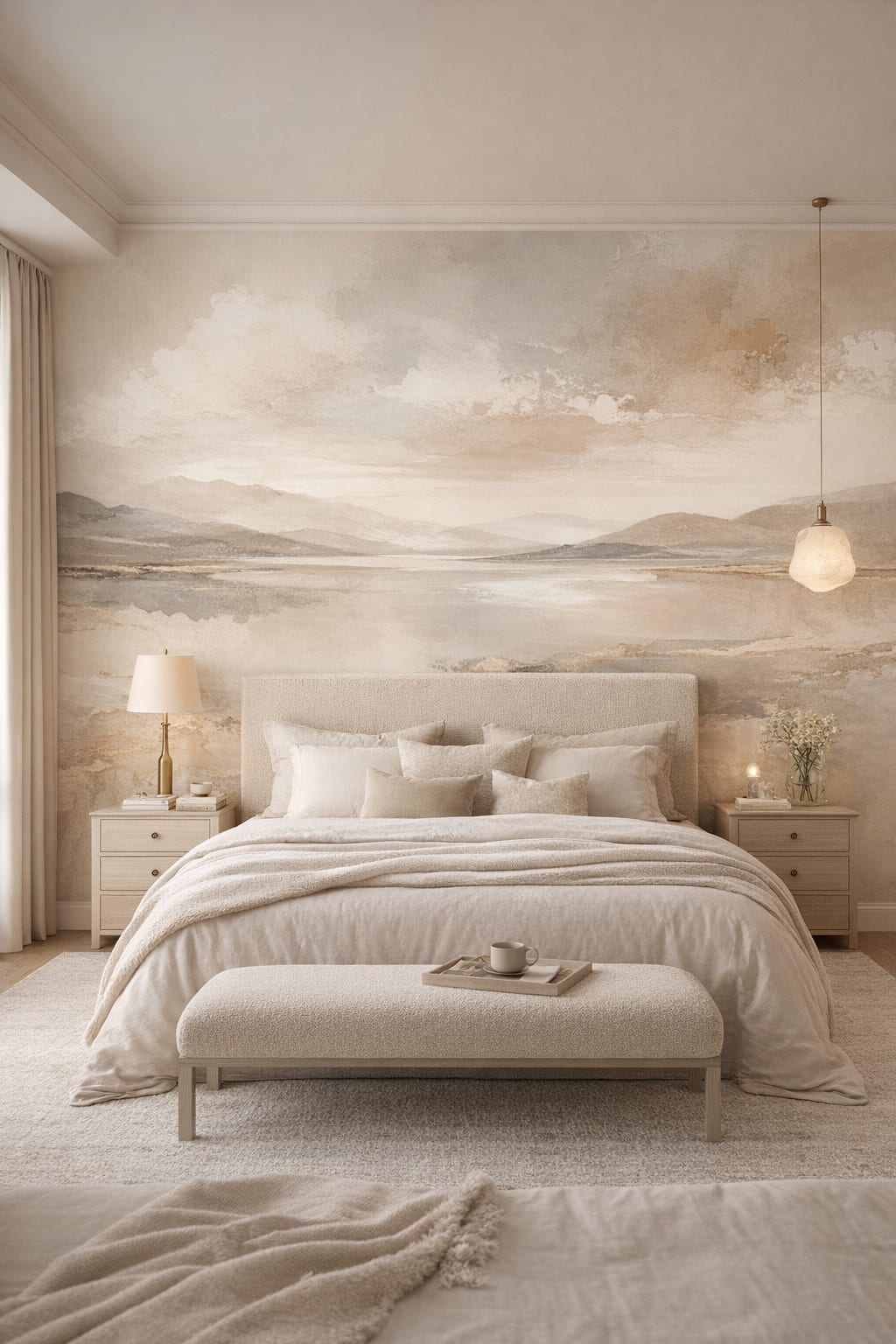 Refined greige mountain landscape featuring water reflection - Wall Mural Peel and Stick Wallpaper for Quiet Luxury Master Bedroom.