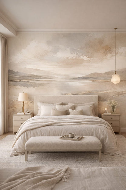 Refined greige mountain landscape featuring water reflection - Wall Mural Peel and Stick Wallpaper for Quiet Luxury Master Bedroom.