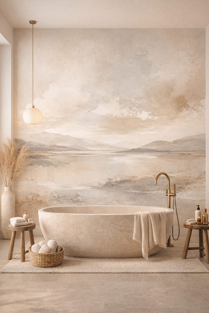 Zen neutral mountain landscape featuring water reflection - Wall Mural Peel and Stick Wallpaper for Zen Luxury Bathroom.