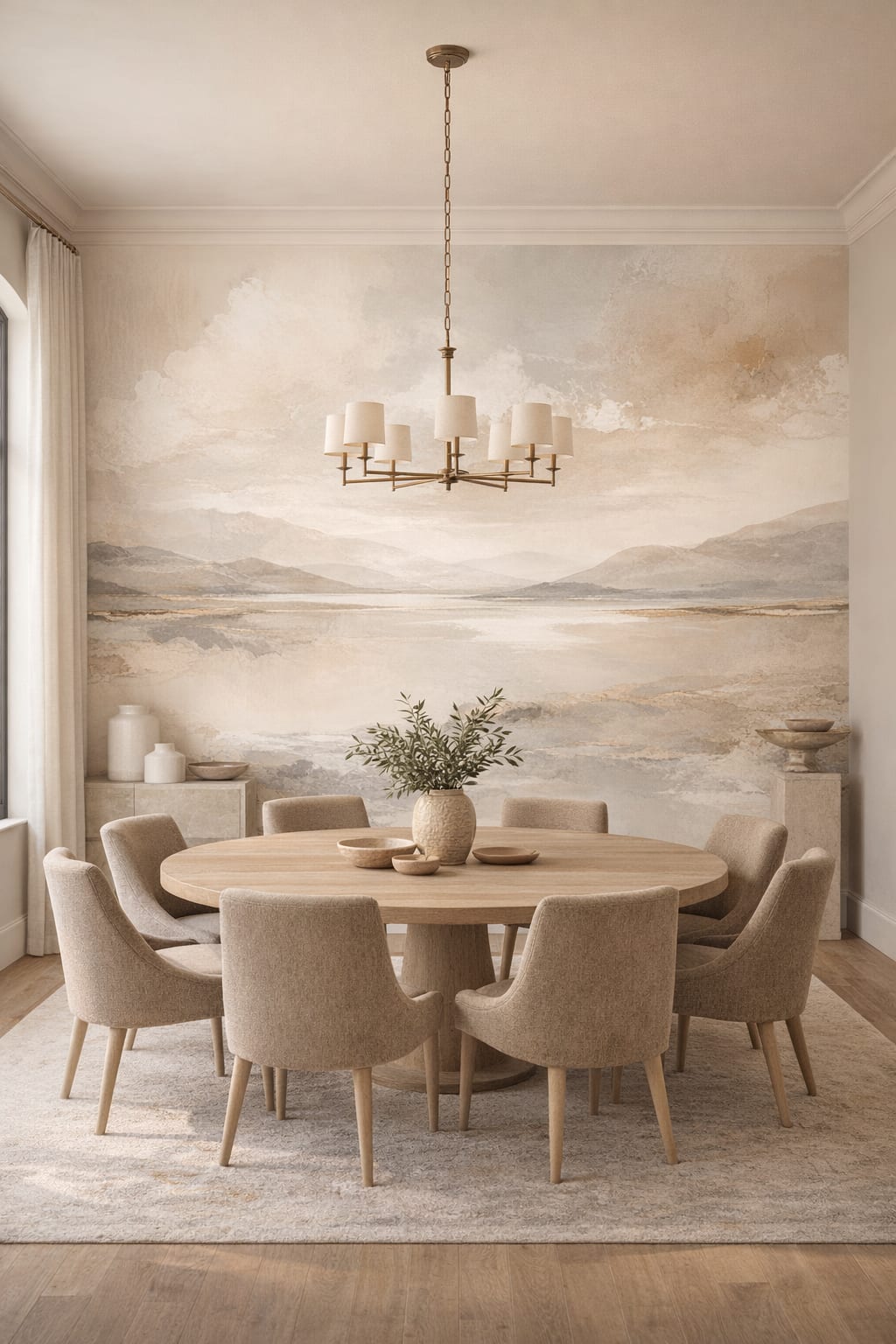 Mediterranean blue mountain landscape featuring water reflection - Wall Mural Peel and Stick Wallpaper for Mediterranean Modern Formal Dining Room