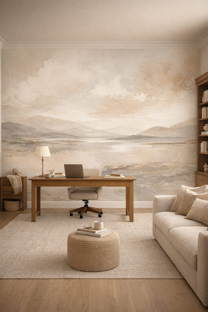 Academic cream mountain landscape featuring water reflection - Wall Mural Peel and Stick Wallpaper for Light Academia Executive Home Office.
