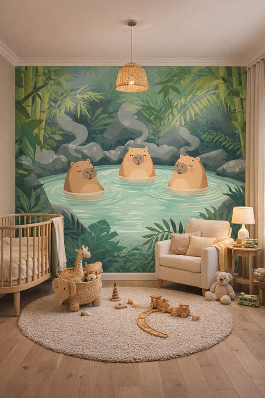 Olive Modern Safari - capybaras in jungle pond - Wall Mural Peel and Stick Wallpaper for Modern Safari Nursery.