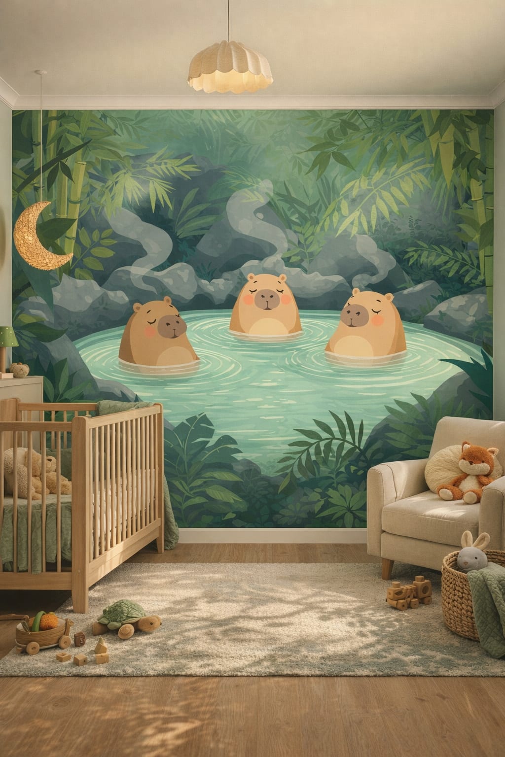 Moss green woodland - Bears in forest hot spring - Wall Mural Peel and Stick Wallpaper for Woodland / Forest Nursery.