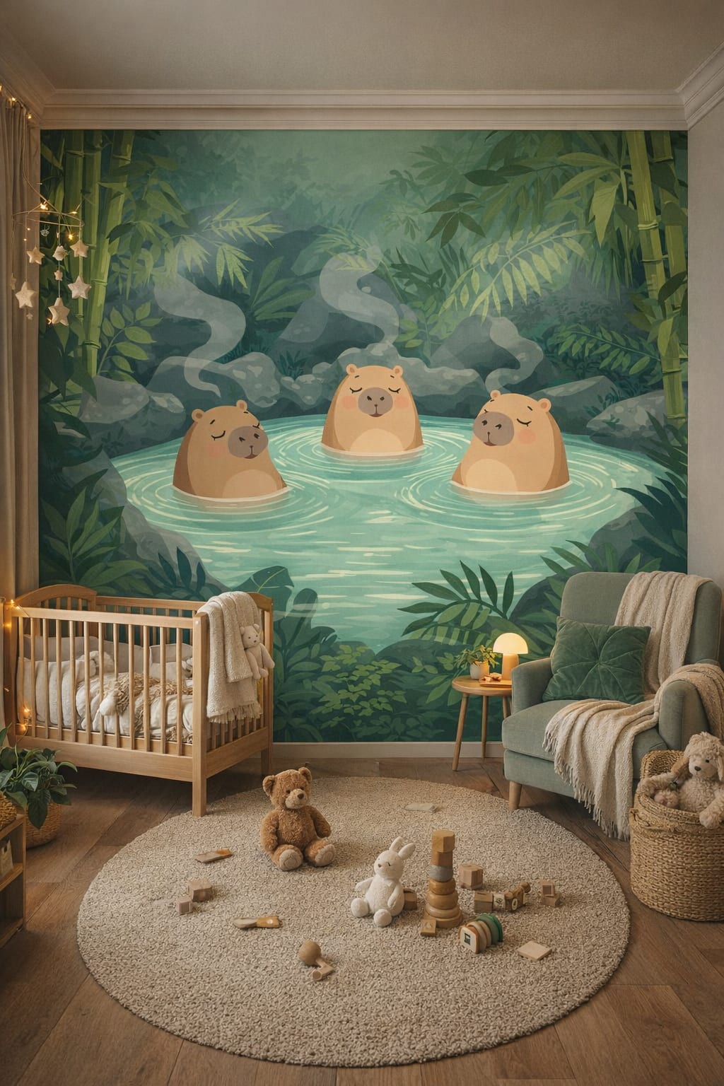 Biophilic green-neutrals - Capybaras in jungle hot spring - Wall Mural Peel and Stick Wallpaper for Biophilic Design Nursery.