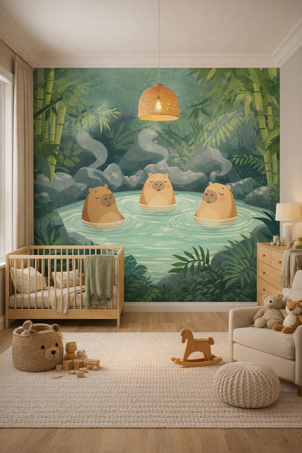 Scandi Kids birch-toned - Capybaras in jungle hot spring - Wall Mural Peel and Stick Wallpaper for Scandi Kids Nursery.