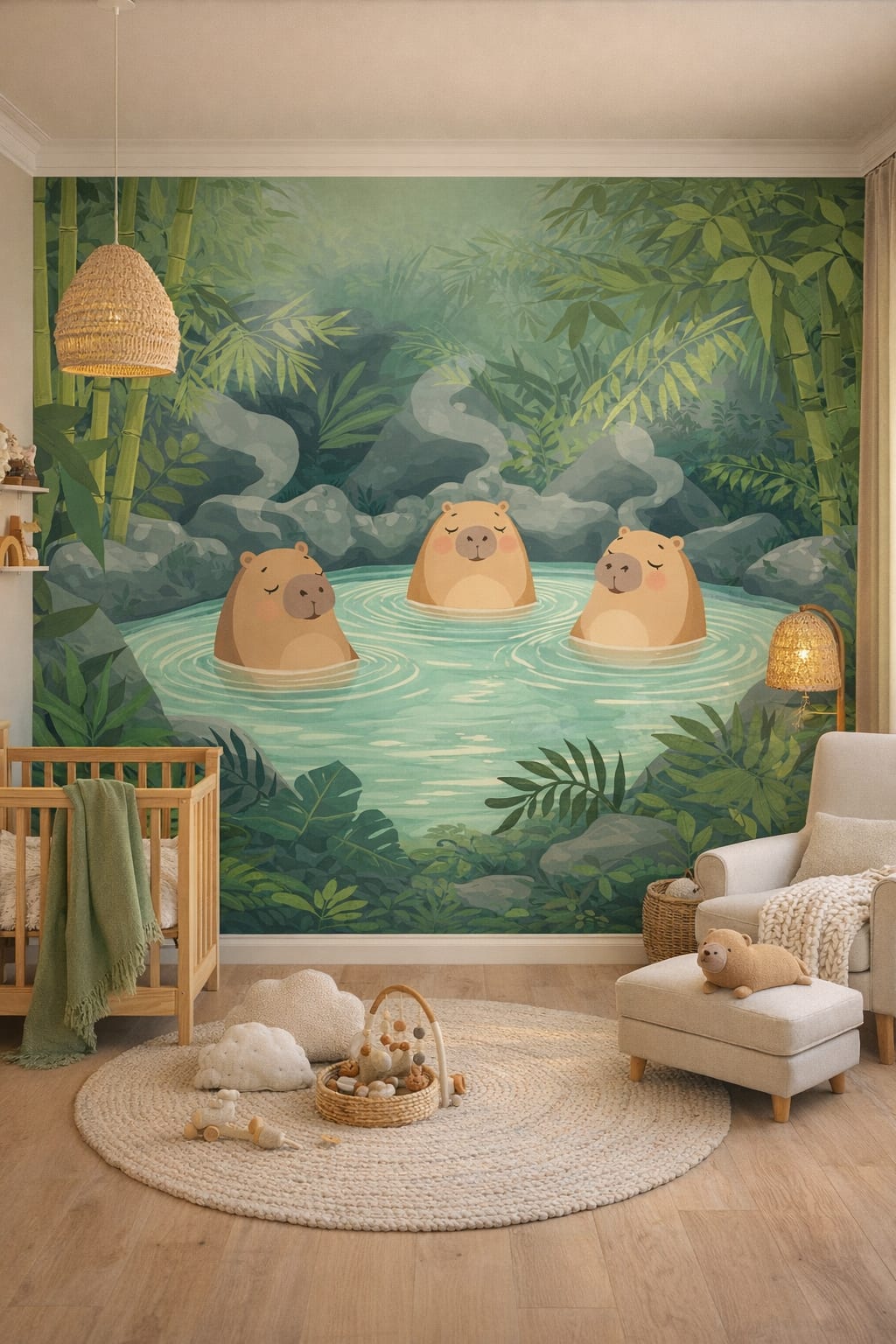 Whimsical boho, sage green capybaras in jungle pond - Wall Mural Peel and Stick Wallpaper for Whimsical Boho Nursery.