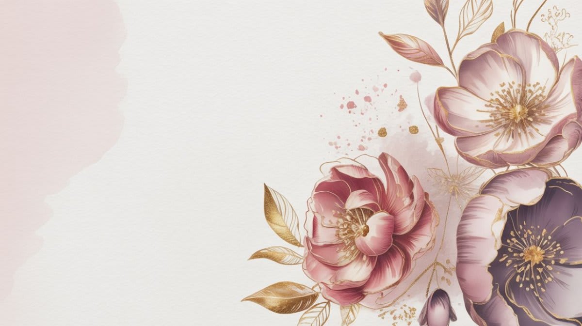 Dreamy romantic Blush Pink floral blossoms featuring botanical leaves and gold splatter - Wall Mural & Peel and Stick Wallpaper for Watercolor Interiors and Premium Home Styling.