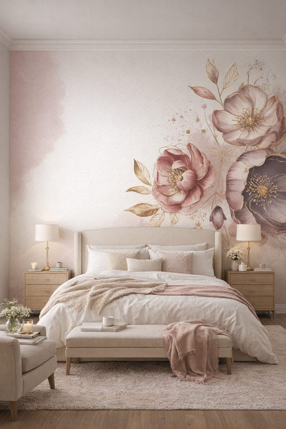 Greige Quiet Luxury floral blossoms featuring gold splatter - Wall Mural Peel and Stick Wallpaper for Quiet Luxury Master Bedroom.