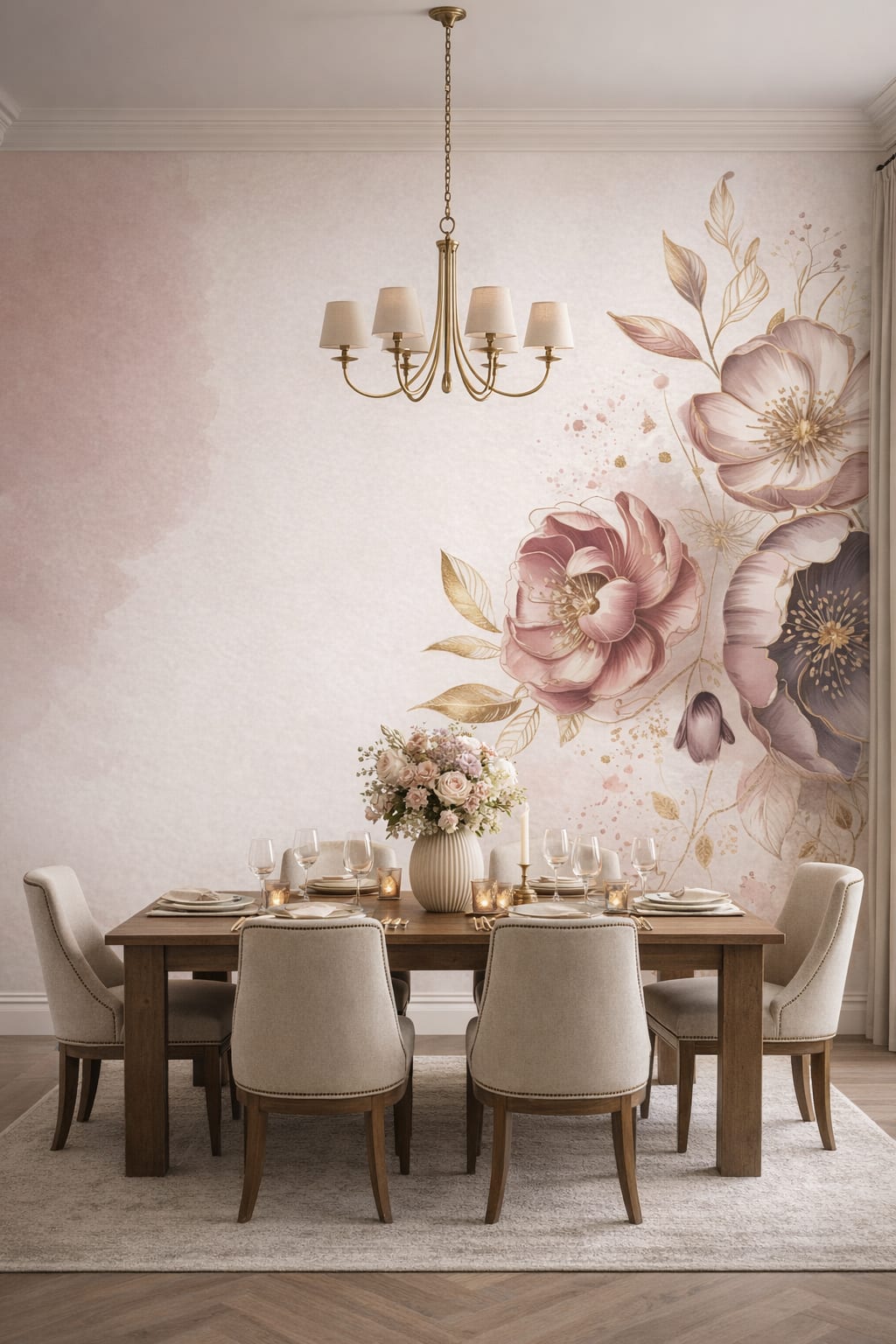 Modern Classic warm gray floral blossoms featuring gold splatter - Wall Mural Peel and Stick Wallpaper for Modern Classic Formal Dining Room.