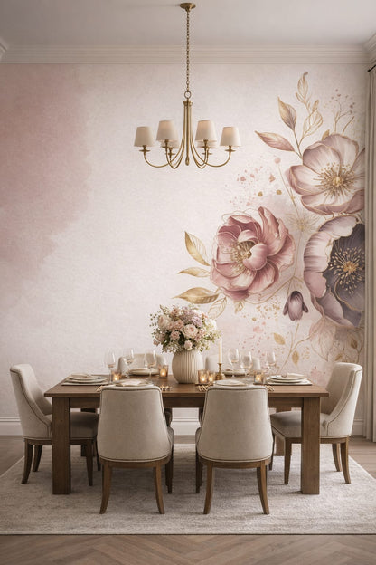 Modern Classic warm gray floral blossoms featuring gold splatter - Wall Mural Peel and Stick Wallpaper for Modern Classic Formal Dining Room.