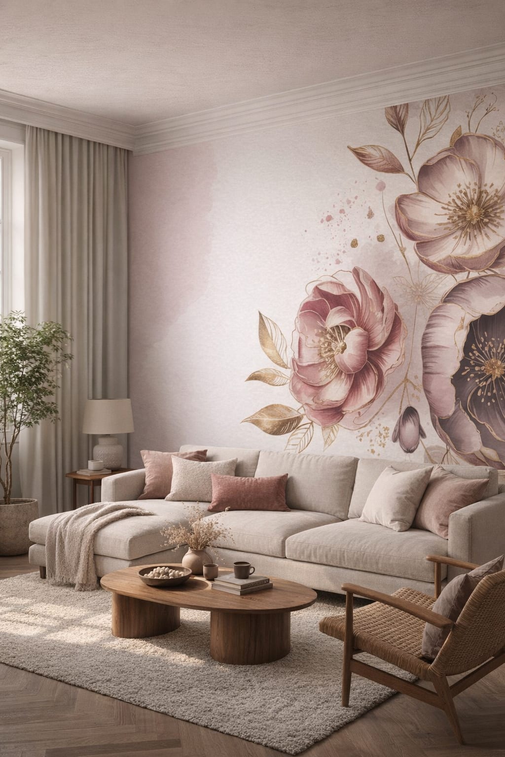 Japandi sand-toned floral blossoms featuring botanical leaves - Wall Mural Peel and Stick Wallpaper for Japandi Living Room.