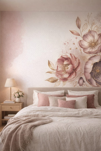 Romantic blush floral blossoms featuring botanical leaves - Wall Mural Peel and Stick Wallpaper for Romantic Guest Bedroom.