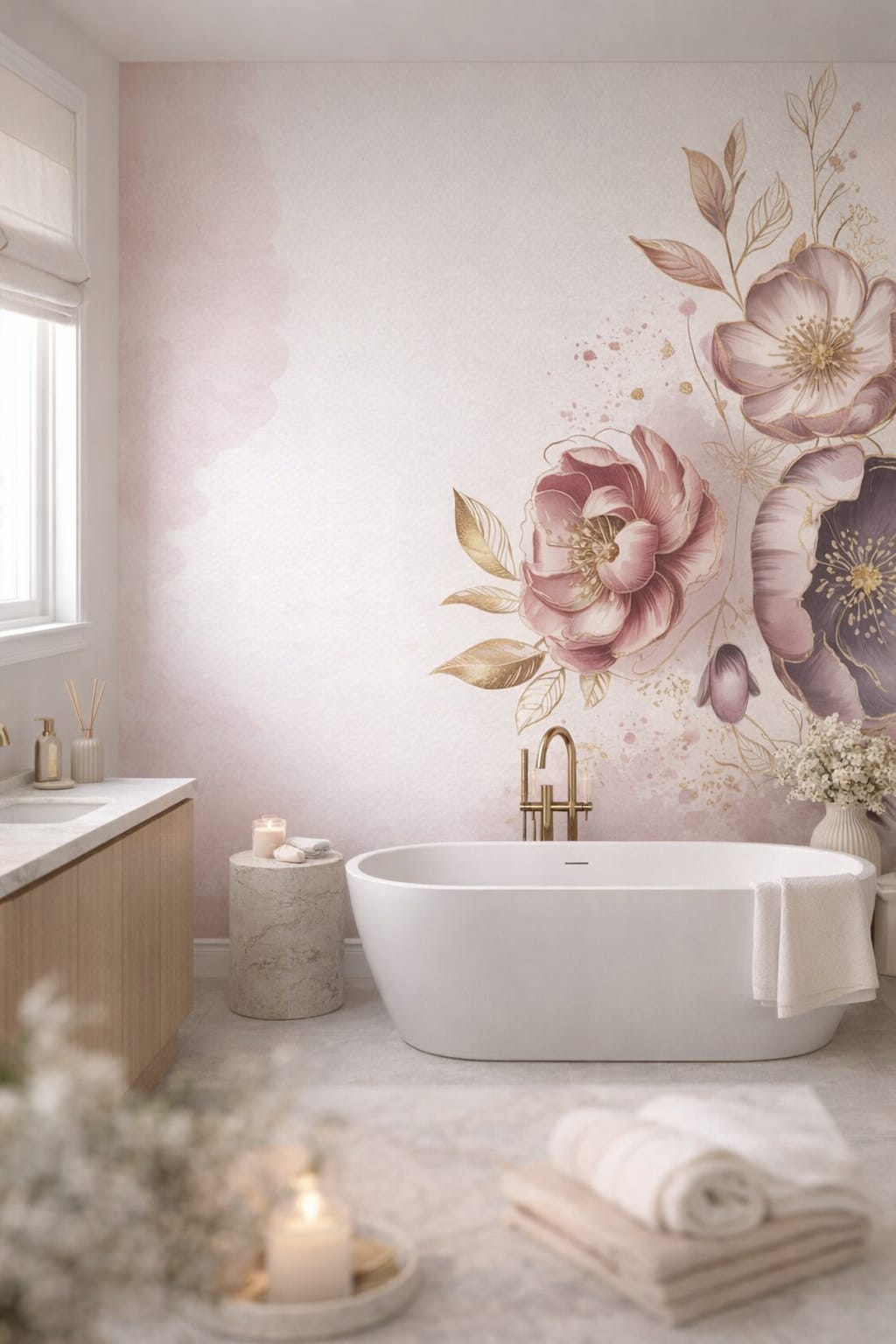 Warm neutral Luxury Contemporary floral blossoms featuring gold splatter - Wall Mural Peel and Stick Wallpaper for Luxury Contemporary Luxury Bathroom.