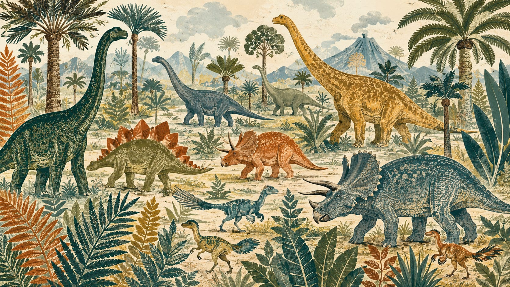 Vintage illustrated Cream dinosaurs featuring prehistoric landscape and tropical foliage - Wall Mural & Peel and Stick Wallpaper for Illustrated Nursery or Kids Room