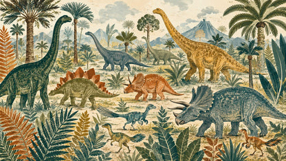 Vintage illustrated Cream dinosaurs featuring prehistoric landscape and tropical foliage - Wall Mural & Peel and Stick Wallpaper for Illustrated Nursery or Kids Room