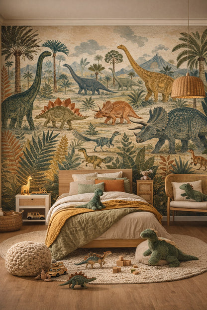 Olive sand Modern Safari dinosaurs featuring prehistoric landscape - Wall Mural Peel and Stick Wallpaper for Modern Safari Kids Bedroom.