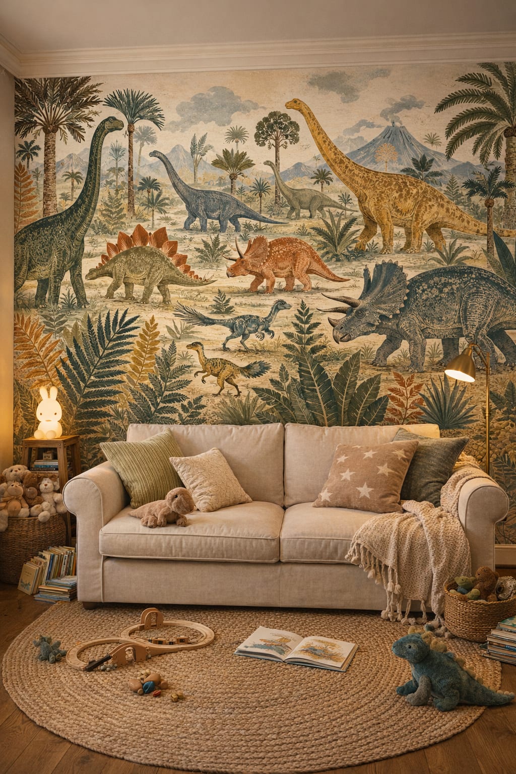 Dusty rose sage dinosaurs featuring prehistoric landscape - Wall Mural Peel and Stick Wallpaper for Classic Storybook Reading Corner.