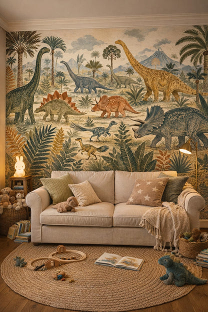 Dusty rose sage dinosaurs featuring prehistoric landscape - Wall Mural Peel and Stick Wallpaper for Classic Storybook Reading Corner.