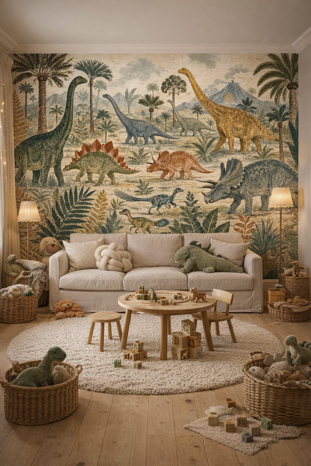 White birch Scandi Kids dinosaurs featuring prehistoric landscape - Wall Mural Peel and Stick Wallpaper for Scandi Kids Playroom.