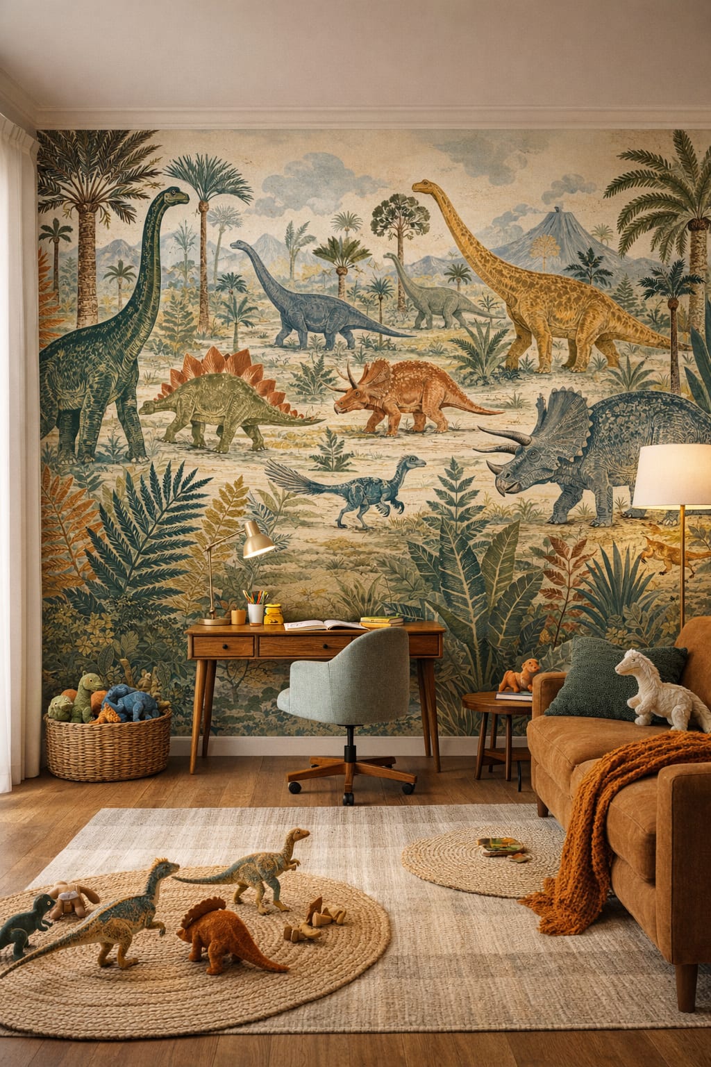Teal Mid-century Kids dinosaurs featuring prehistoric landscape - Wall Mural Peel and Stick Wallpaper for Mid-century Kids Homework / Study Corner.