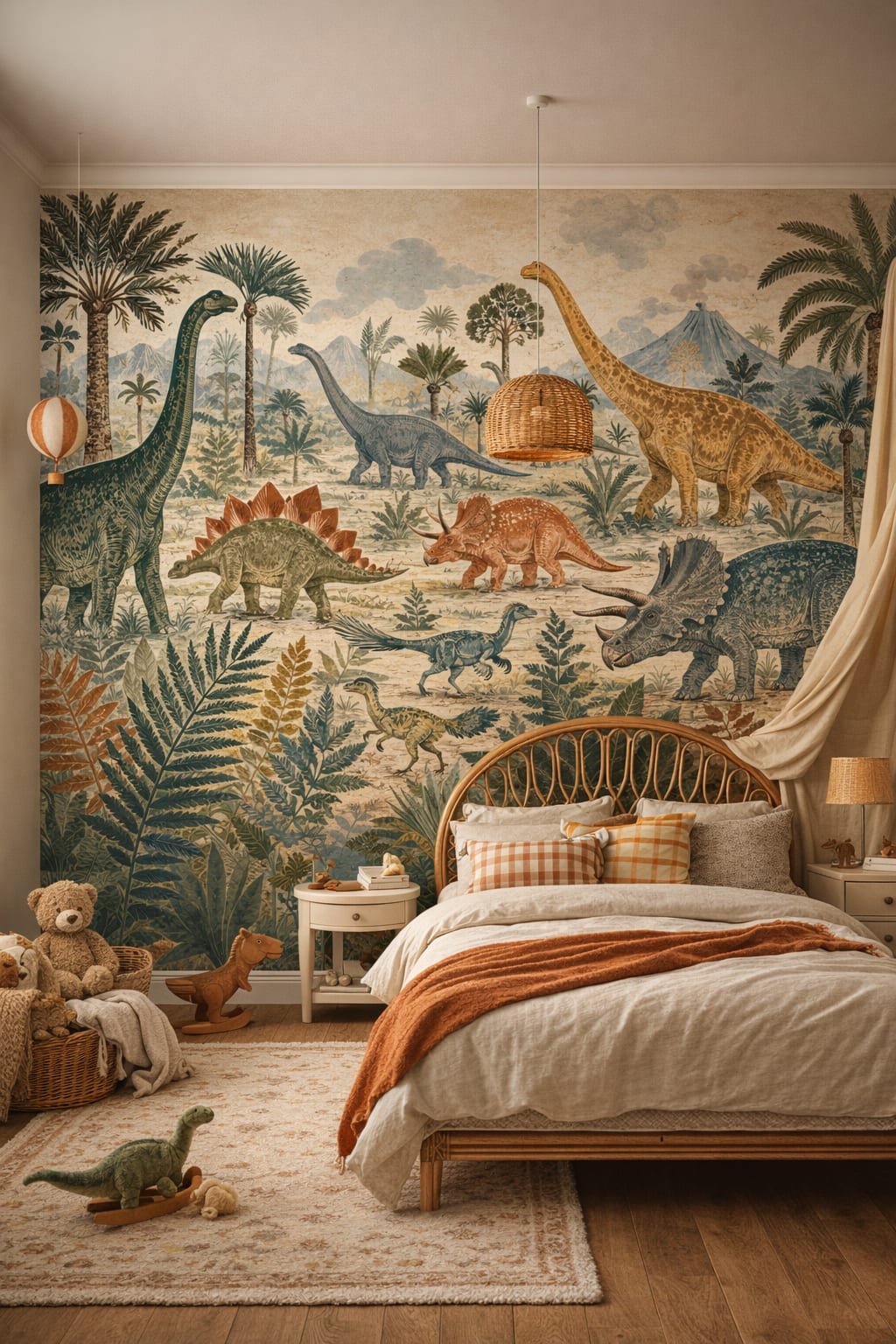 Whimsical Boho terracotta dinosaurs featuring prehistoric landscape - Wall Mural Peel and Stick Wallpaper for Whimsical Boho Kids Bedroom.