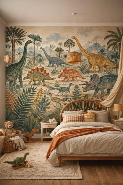 Whimsical Boho terracotta dinosaurs featuring prehistoric landscape - Wall Mural Peel and Stick Wallpaper for Whimsical Boho Kids Bedroom.