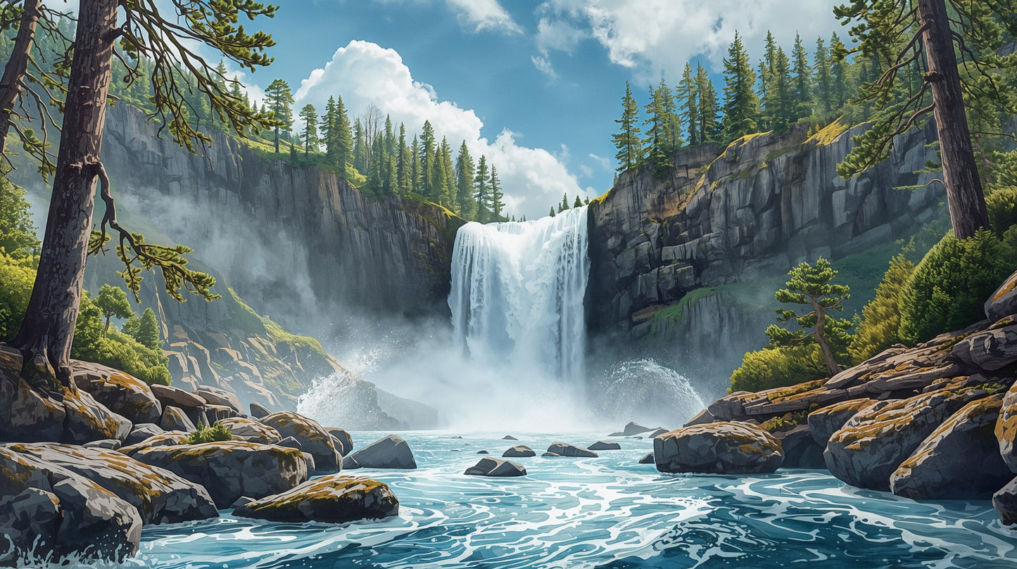 Painterly Atmospheric Blue Waterfall featuring pine forest and rocky cliffs - Wall Mural & Peel and Stick Wallpaper for Painterly Interiors and Premium Home Styling