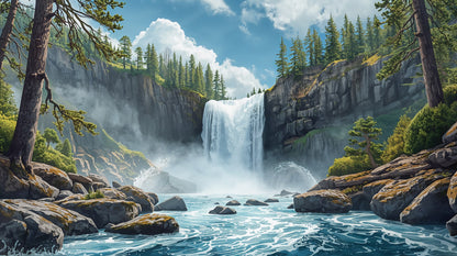 Painterly Atmospheric Blue Waterfall featuring pine forest and rocky cliffs - Wall Mural & Peel and Stick Wallpaper for Painterly Interiors and Premium Home Styling