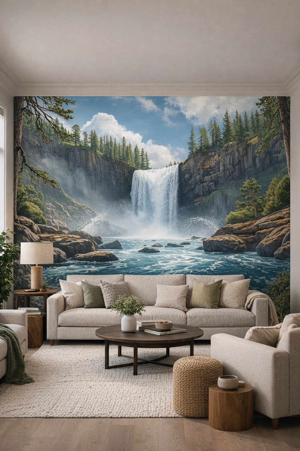 Cream-toned Organic Modern waterfall featuring pine forest - Wall Mural Peel and Stick Wallpaper for Organic Modern Living Room.