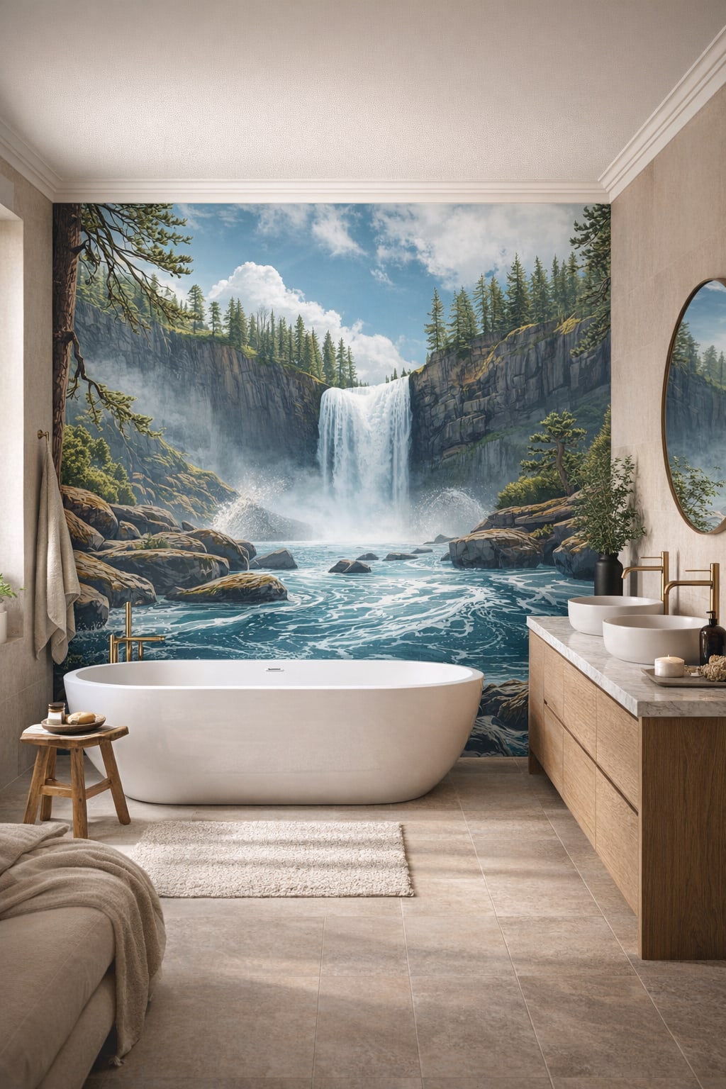 Zen soft-neutral waterfall featuring pine forest - Wall Mural Peel and Stick Wallpaper for Zen Luxury Bathroom.