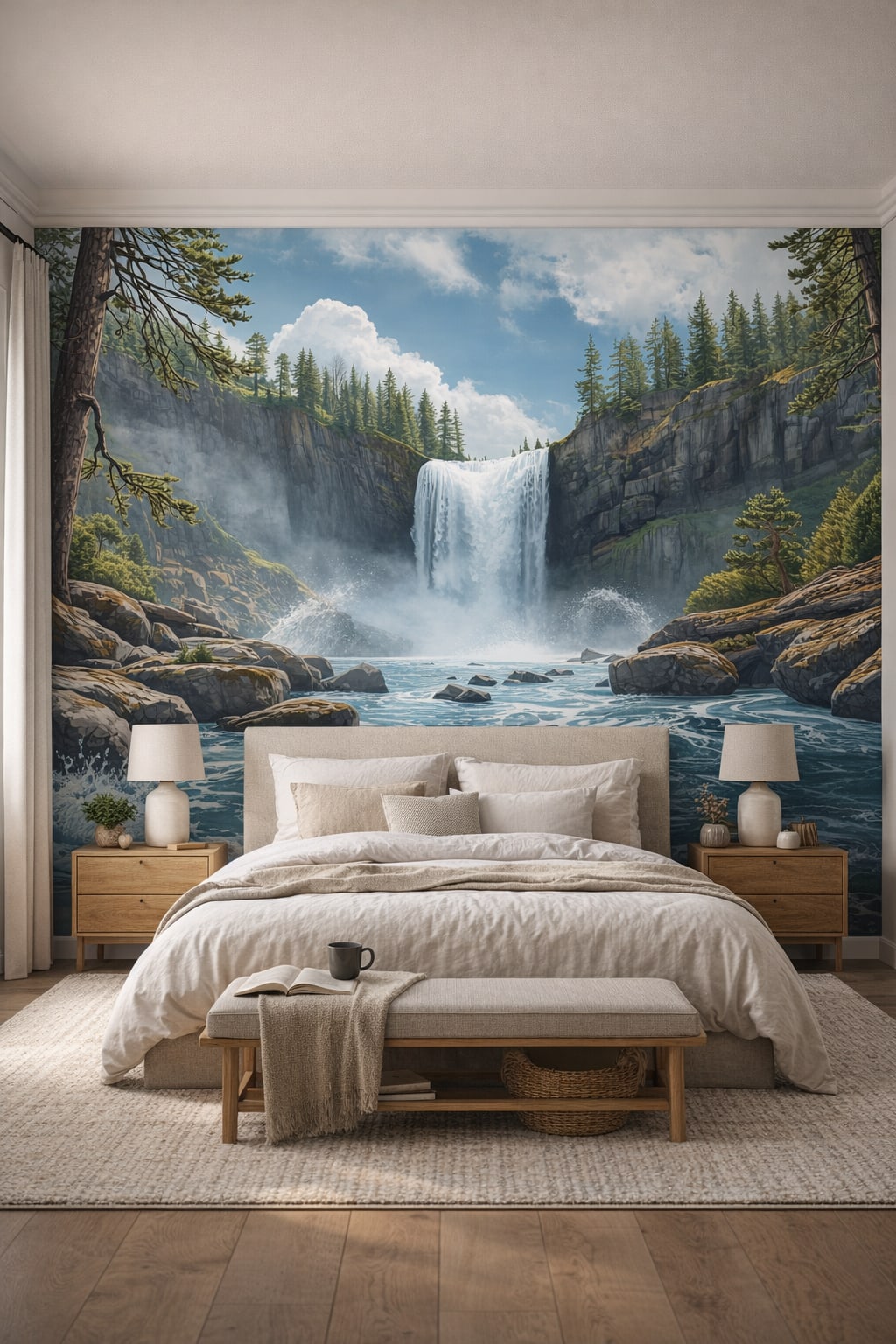 Scandinavian white waterfall featuring pine forest - Wall Mural Peel and Stick Wallpaper for Scandinavian Master Bedroom