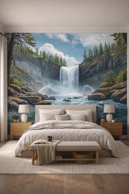 Scandinavian white waterfall featuring pine forest - Wall Mural Peel and Stick Wallpaper for Scandinavian Master Bedroom