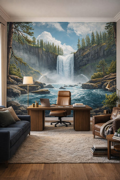 Luxury stone waterfall featuring pine forest - Wall Mural Peel and Stick Wallpaper for Luxury Contemporary Executive Home Office.
