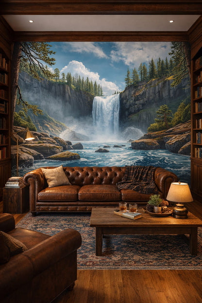 Lodge brown waterfall featuring rocky cliffs - Wall Mural Peel and Stick Wallpaper for Cabin / Lodge Home Library.