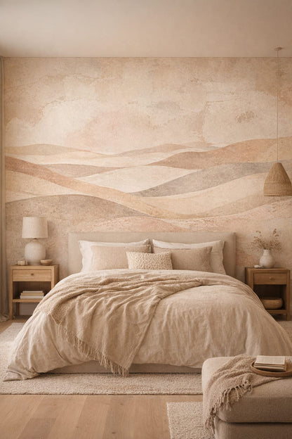 Wabi-sabi earth-toned abstract landscape featuring layered hills - Wall Mural Peel and Stick Wallpaper for Wabi-sabi Master Bedroom.