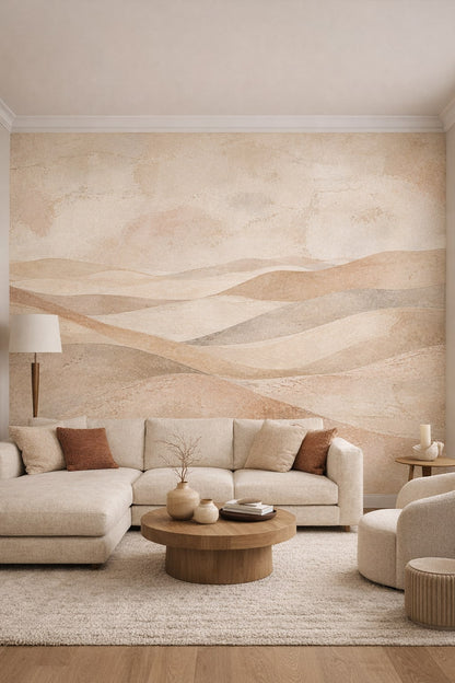 Organic Modern cream abstract landscape featuring layered hills - Wall Mural Peel and Stick Wallpaper for Organic Modern Living Room.
