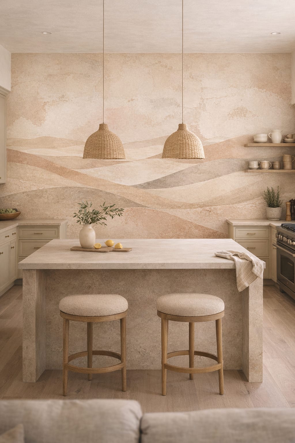 Mediterranean Modern sand abstract landscape featuring layered hills - Wall Mural Peel and Stick Wallpaper for Mediterranean Modern High-end Kitchen.