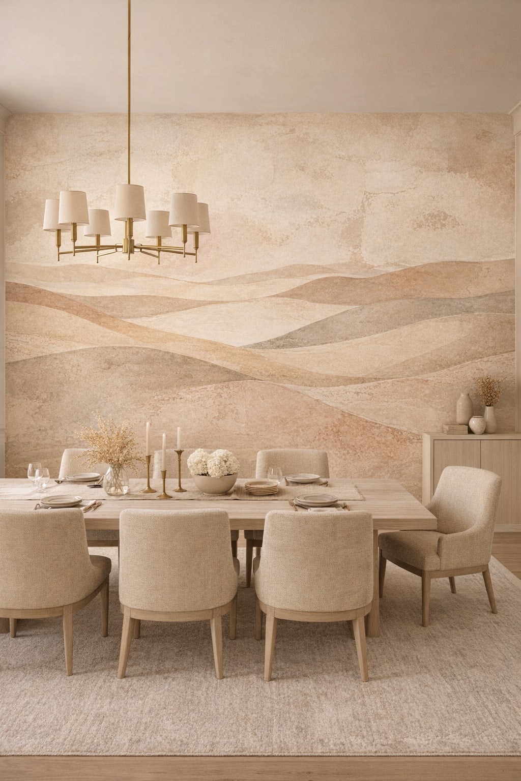 Quiet greige abstract landscape featuring layered hills - Wall Mural Peel and Stick Wallpaper for Quiet Luxury Formal Dining Room.