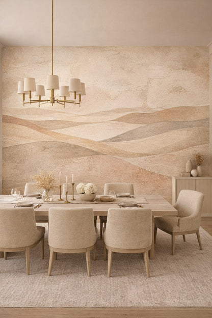 Quiet greige abstract landscape featuring layered hills - Wall Mural Peel and Stick Wallpaper for Quiet Luxury Formal Dining Room.